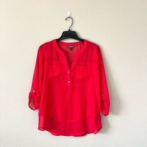 Express Bold Red Half Button Up Chiffon Blouse